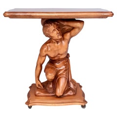 High-Quality Sculptural Hercules Walnut Console Table with Casters, Italy