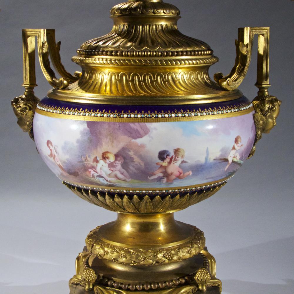 Bronze High Quality Sèvres-Style Ormolu Mounted Porcelain Three Piece Garniture For Sale