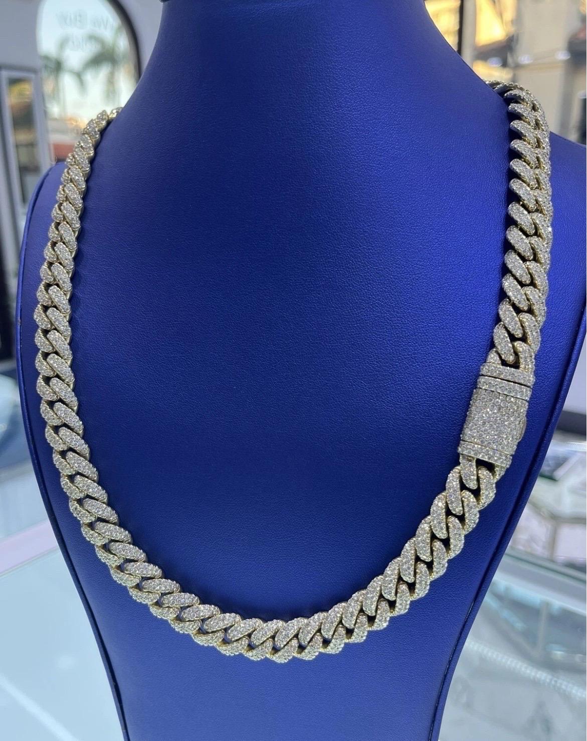 Round Cut High Quality Solid 14k Yellow Gold Natural Diamond Miami Cuban Link Chain 24