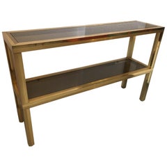 High Quality Solid Brass and Smoked Glass Two-Tier Console Table, circa 1970s
