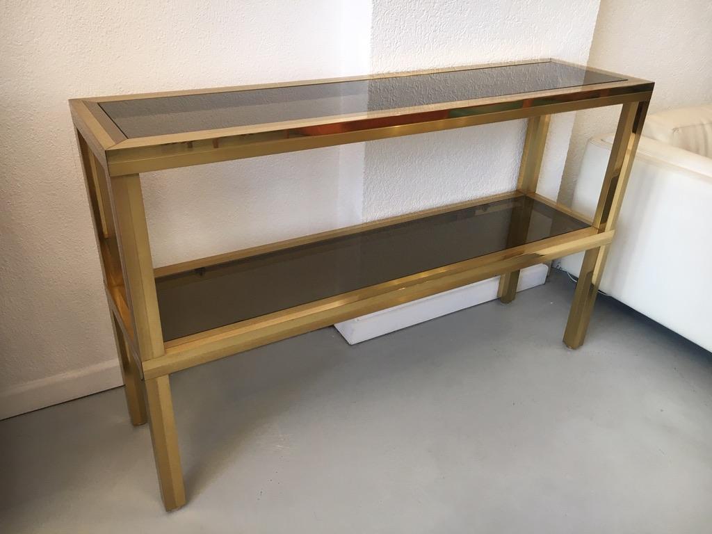High Quality Solid Brass and Smoked Glass Two-Tier Console Table, circa 1970s 3