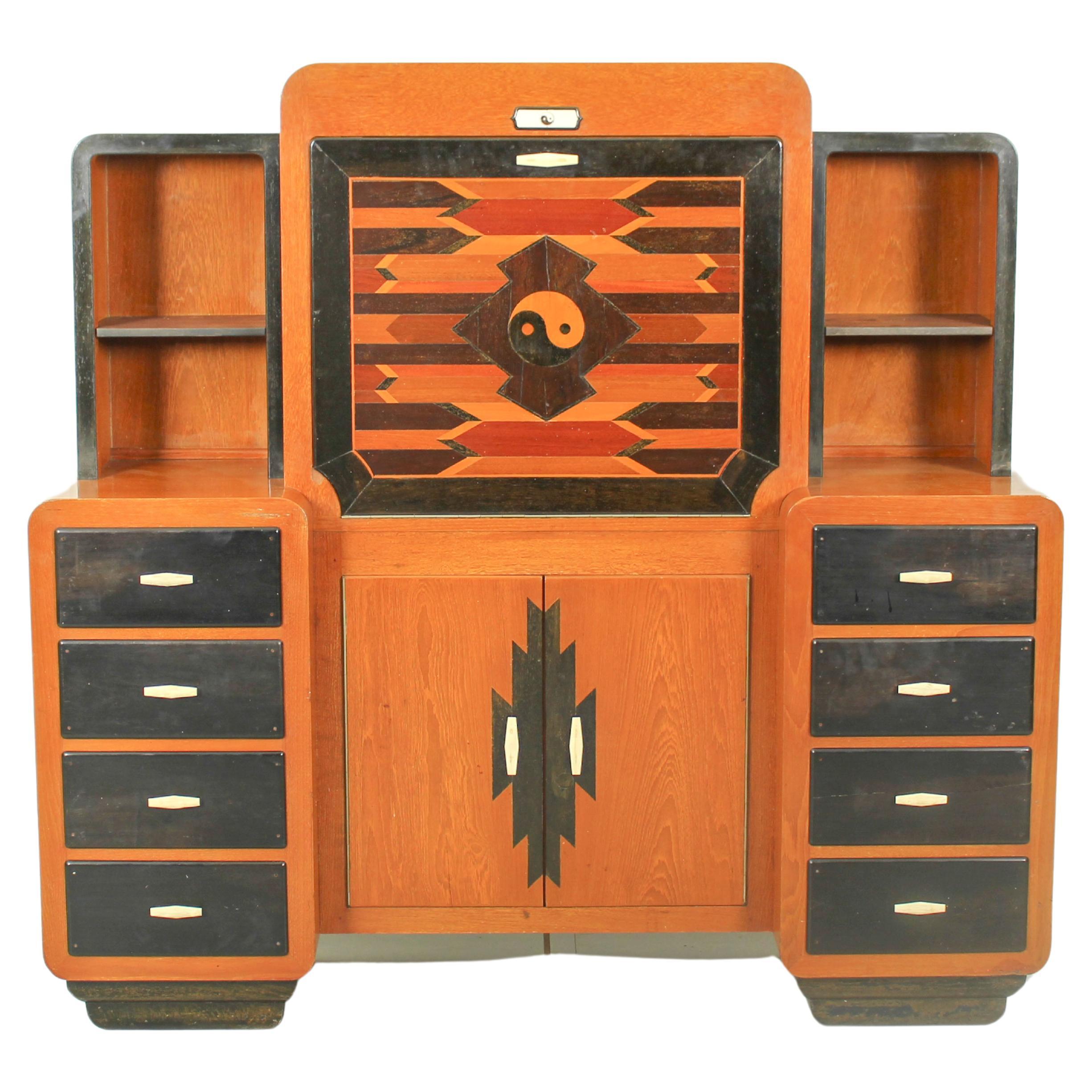 High quality teak art deco secretaire by Gerson’s furniture store, Bangkok 1930s For Sale