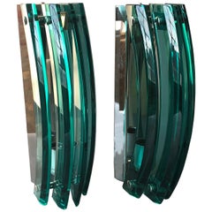 High Quality Thick Bow Shaped Emerald Glass Wall Sconces Pair, Italy, 1970s
