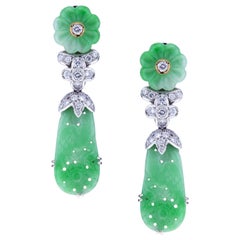 High Quality Translucent Hand Carved Jade Earrings with Diamonds