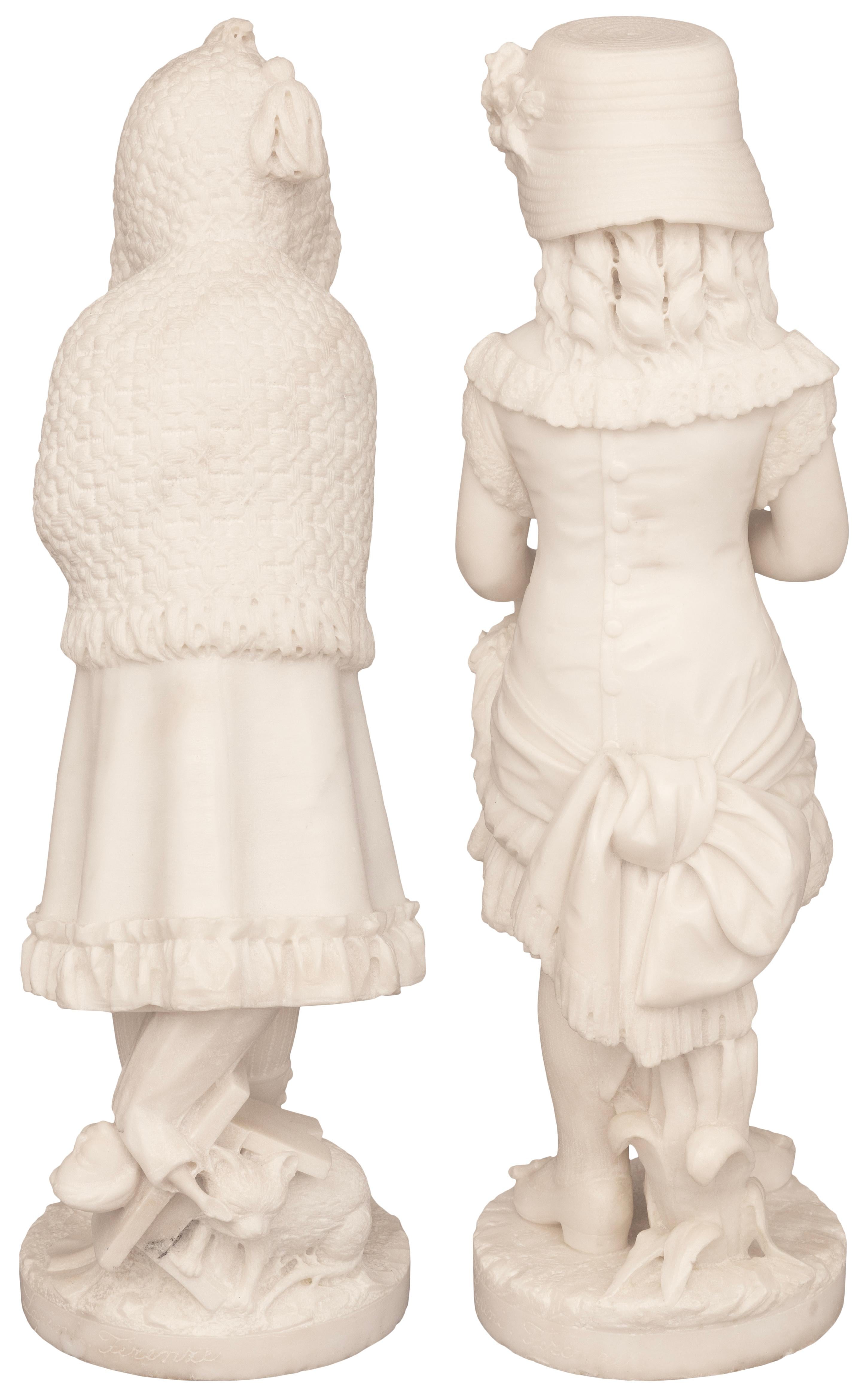 high quality true pair of Italian 19th century white Carrara marble statues For Sale 11