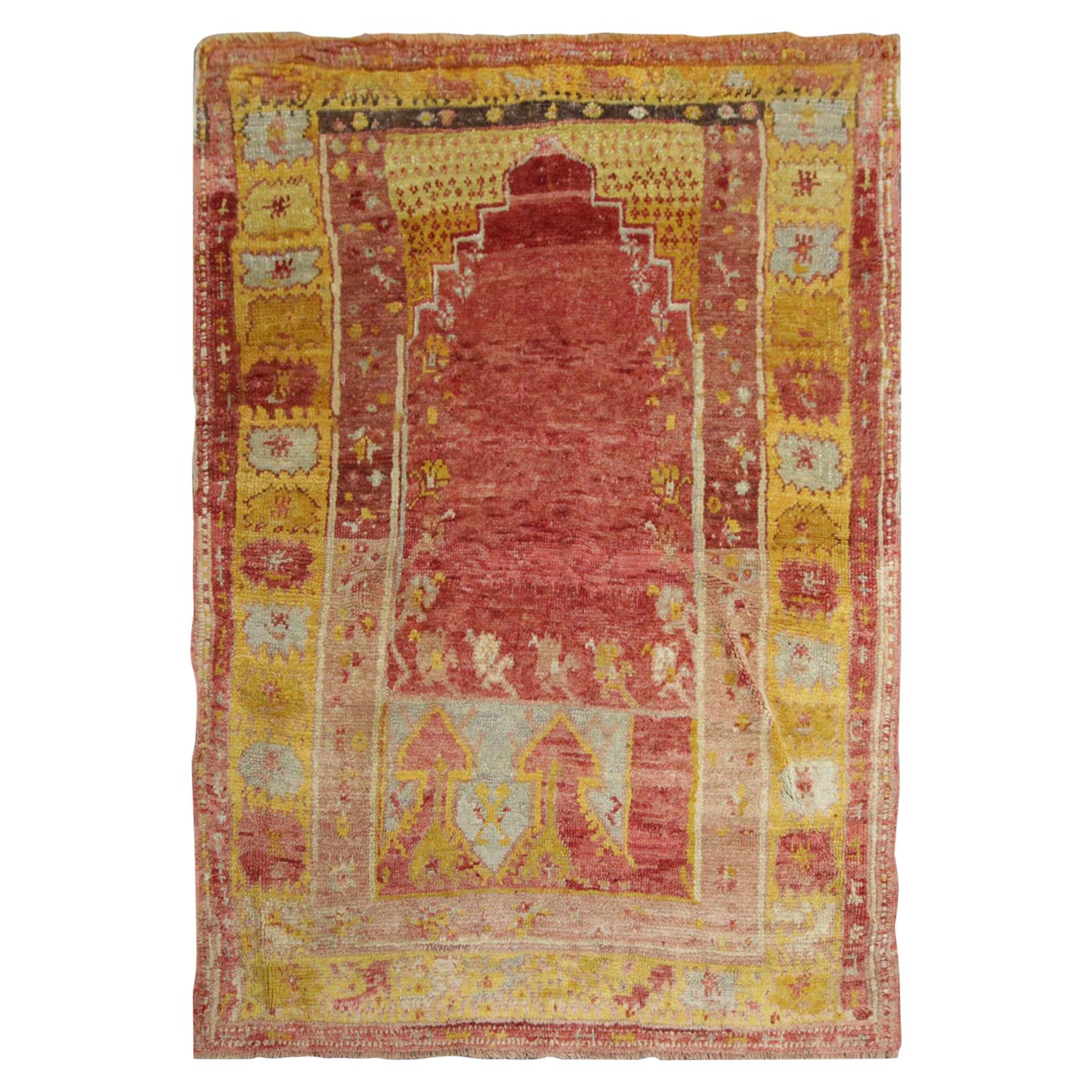 High-Quality Turkish Antique Living Room Rug, Red and Yellow Thick Wool Rug For Sale