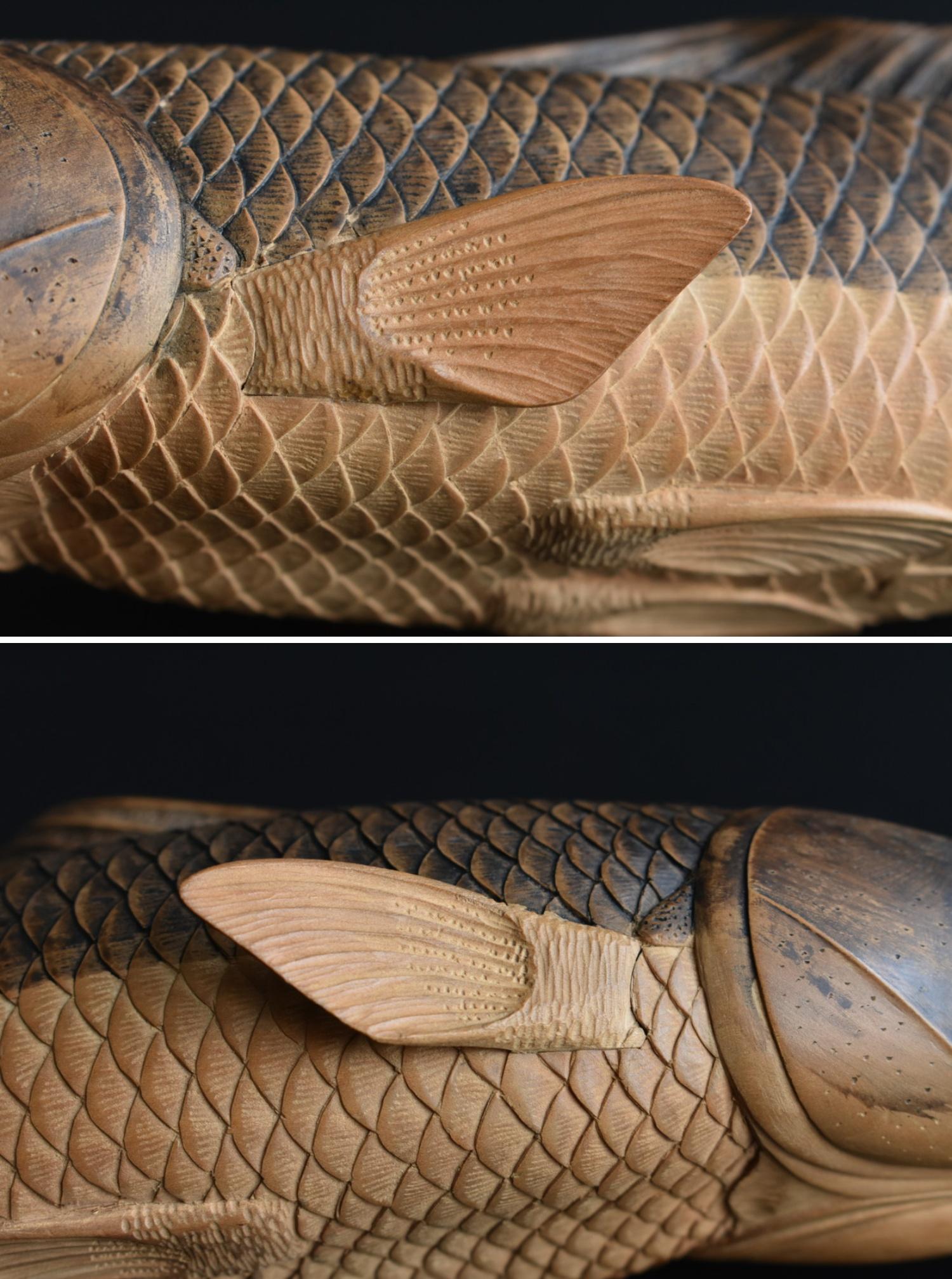 High Quality Very Beautiful Carved Wood Carp Figurine / Japanese Old Carving 10