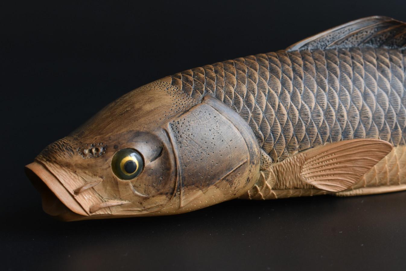 High Quality Very Beautiful Carved Wood Carp Figurine / Japanese Old Carving 2