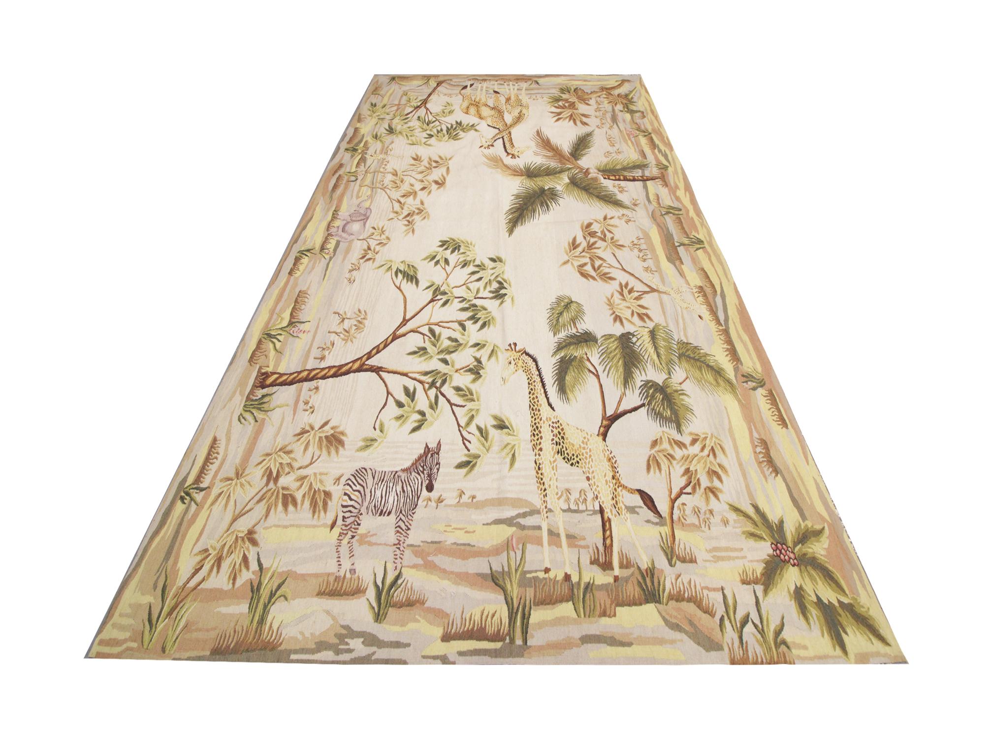 Upgrade your interior walls or floors with this high-quality vintage Aubusson rug style tapestry, handwoven in 1940 with hand-spun, vegetable-dyed wool and cotton, woven by some of the finest artisans. Perfect for any modern or traditional