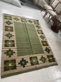 High-quality Vintage Swedish Beige, Green Flat Weave Wool Rug