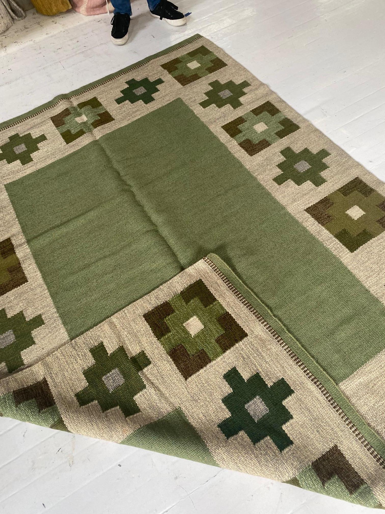 Mid-Century Modern High-quality Vintage Swedish Beige, Green Flat Weave Wool Rug