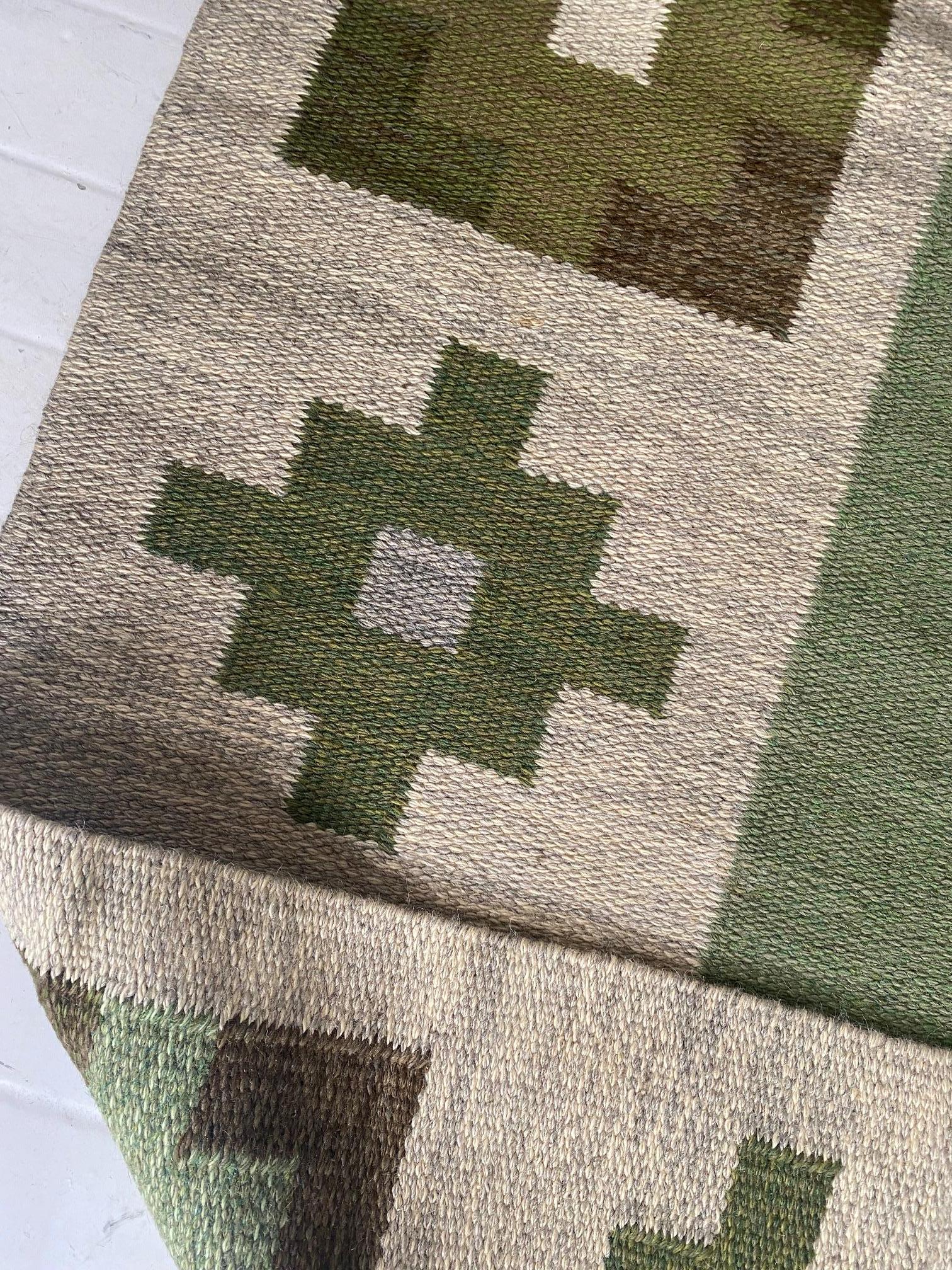 Hand-Knotted High-quality Vintage Swedish Beige, Green Flat Weave Wool Rug