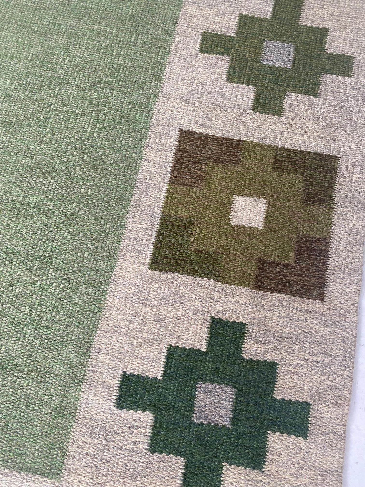 20th Century High-quality Vintage Swedish Beige, Green Flat Weave Wool Rug