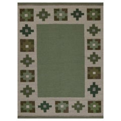 High-quality Vintage Swedish Beige, Green Flat Weave Wool Rug