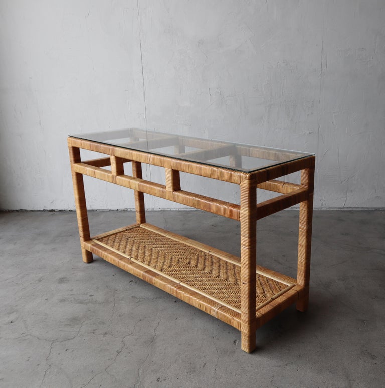High Quality Vintage Wicker and Glass Console Table For Sale at 1stDibs