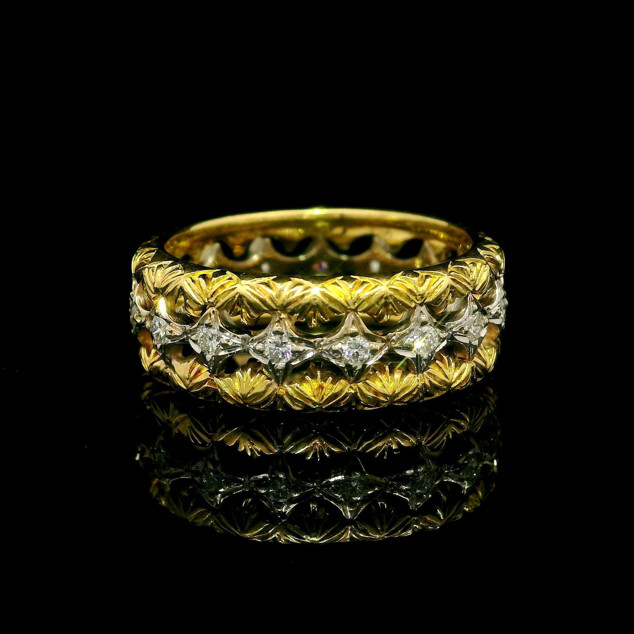 Hohe Qualität gut gemacht 18k TT Gold 0,30ctw Diamant 7,2mm gravierte offene Arbeit Band Damen im Angebot