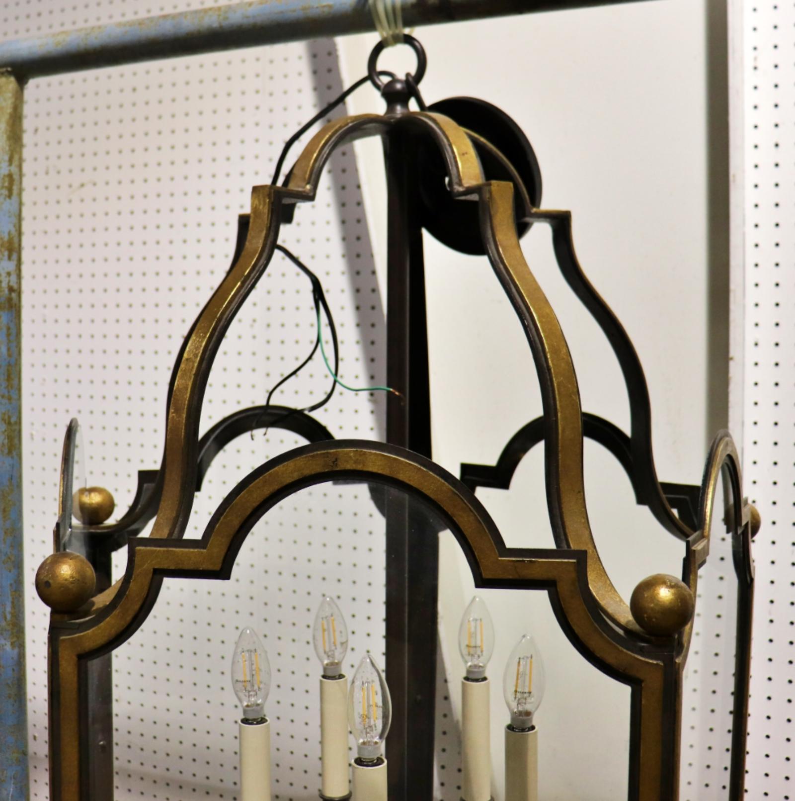 French Provincial High Quality Wrought Iron 5 Panel 5 Light Glazed Chandelier Lantern For Sale