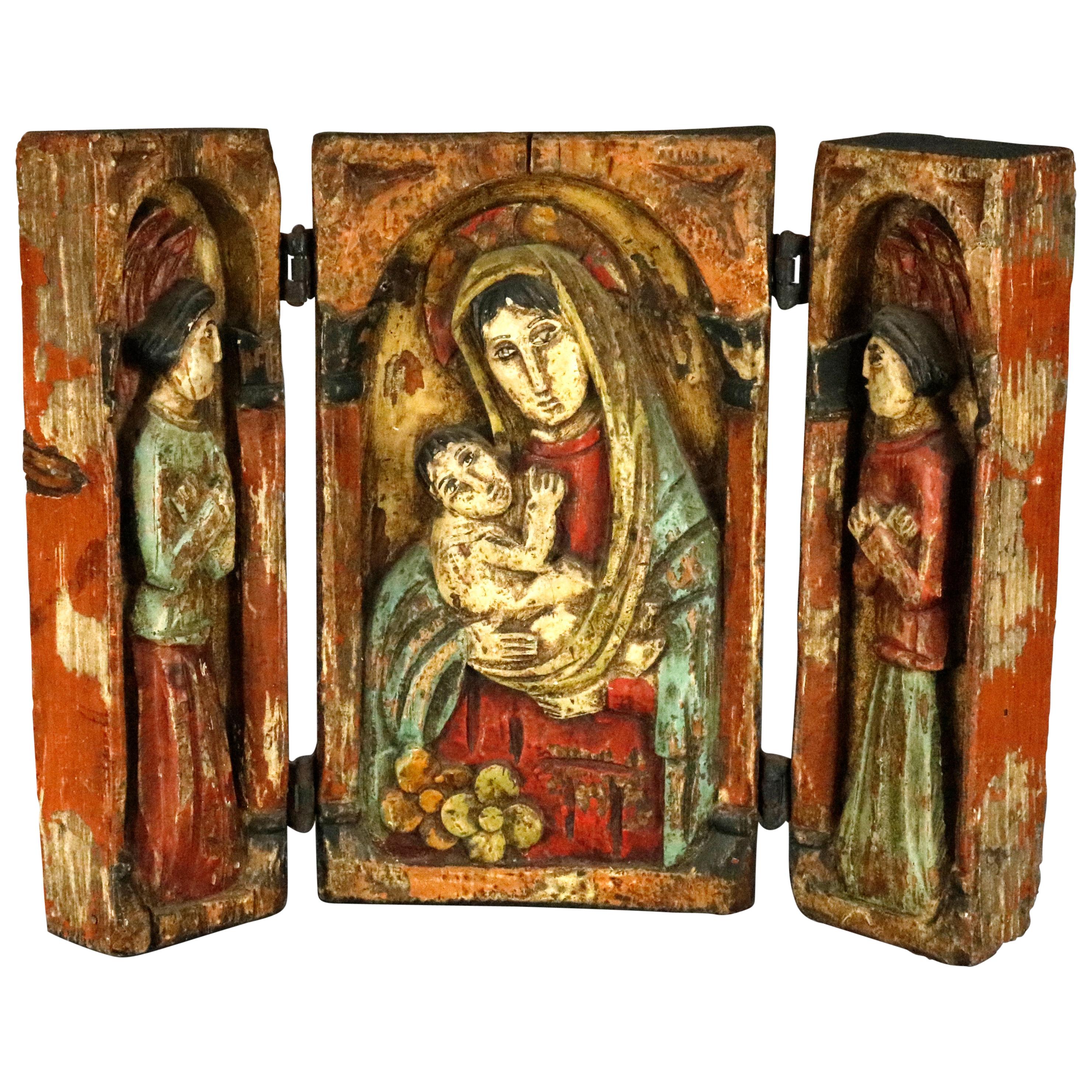 High Relief Carved and Polychromed Triptych Russian Orthodox Icon, 18th Century