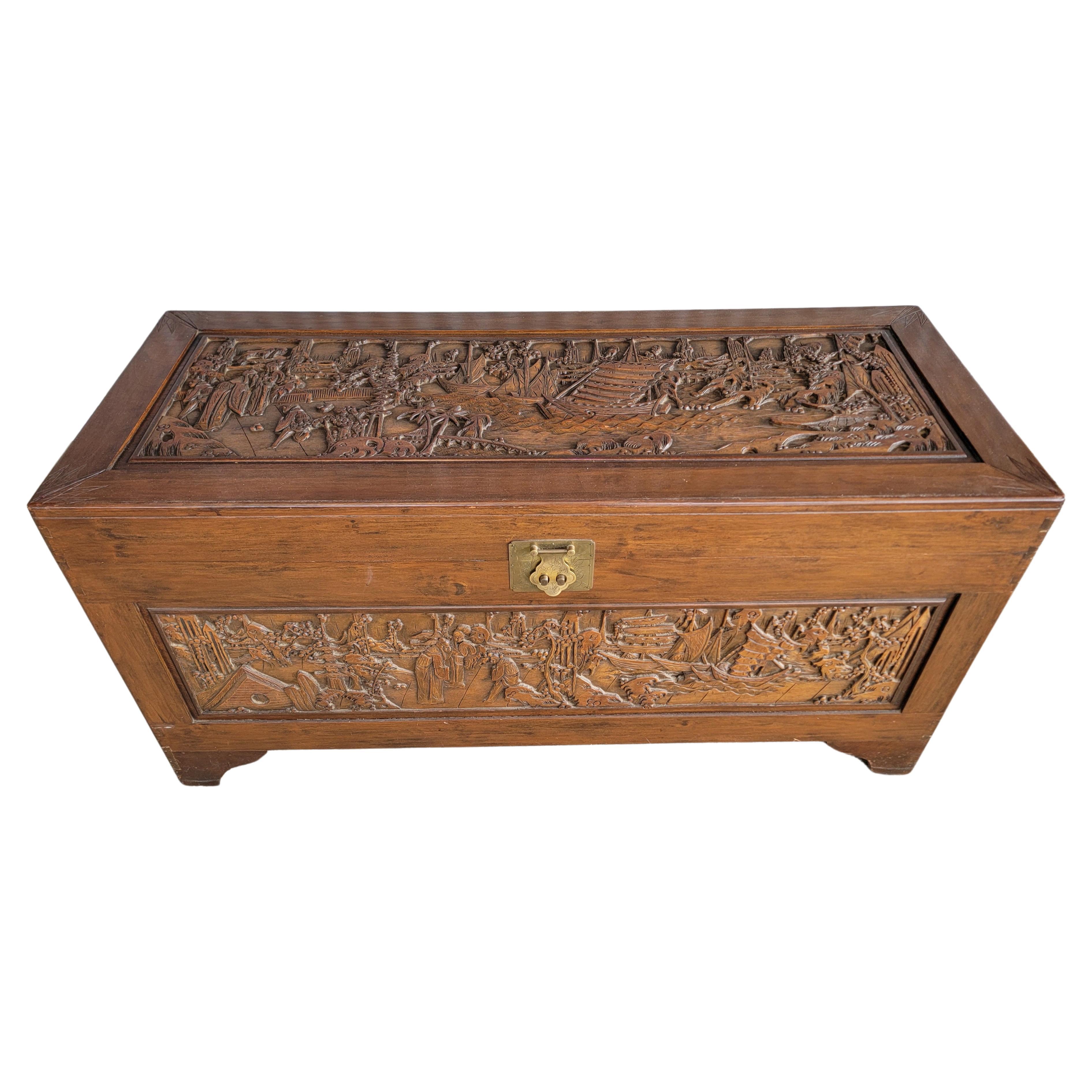 High Relief Carved Camphor Wood Trunk  For Sale