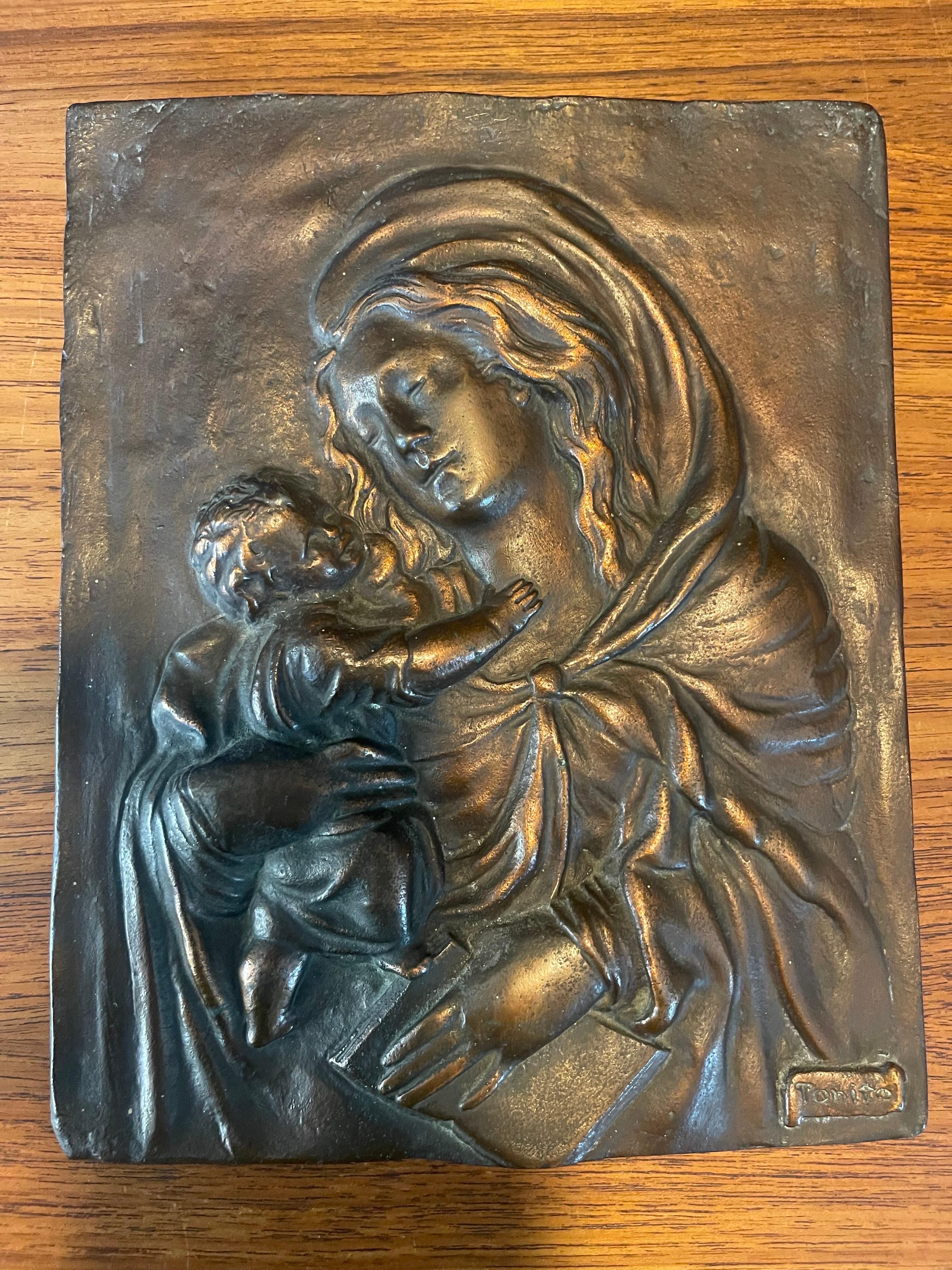High Relief Copper Madonna & Child Wall Plaque For Sale 3