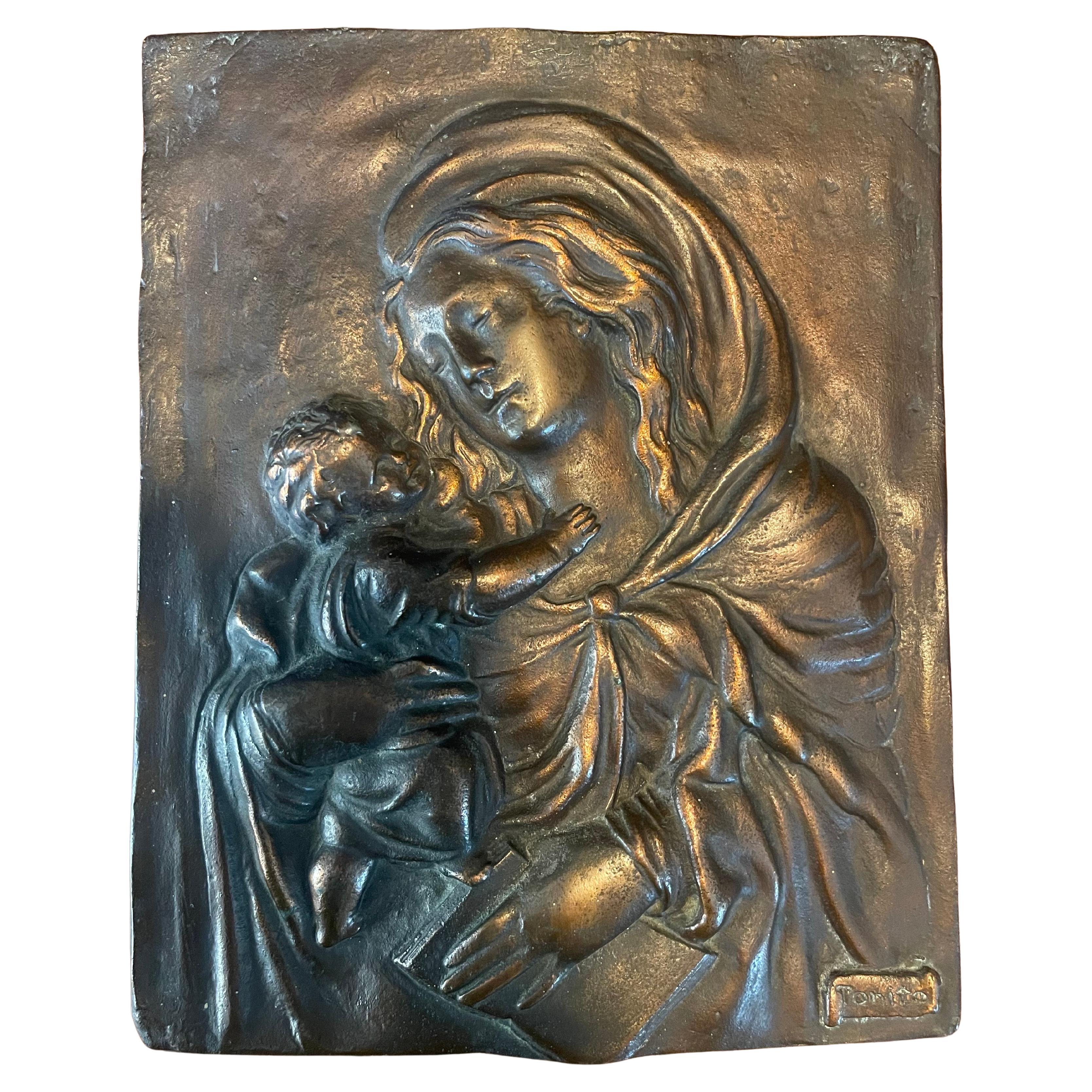 High Relief Copper Madonna & Child Wall Plaque
