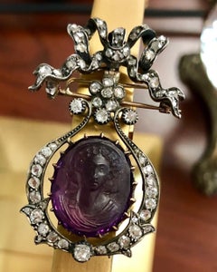 High Relief Georgian Diamond Amethyst Cameo Brooch