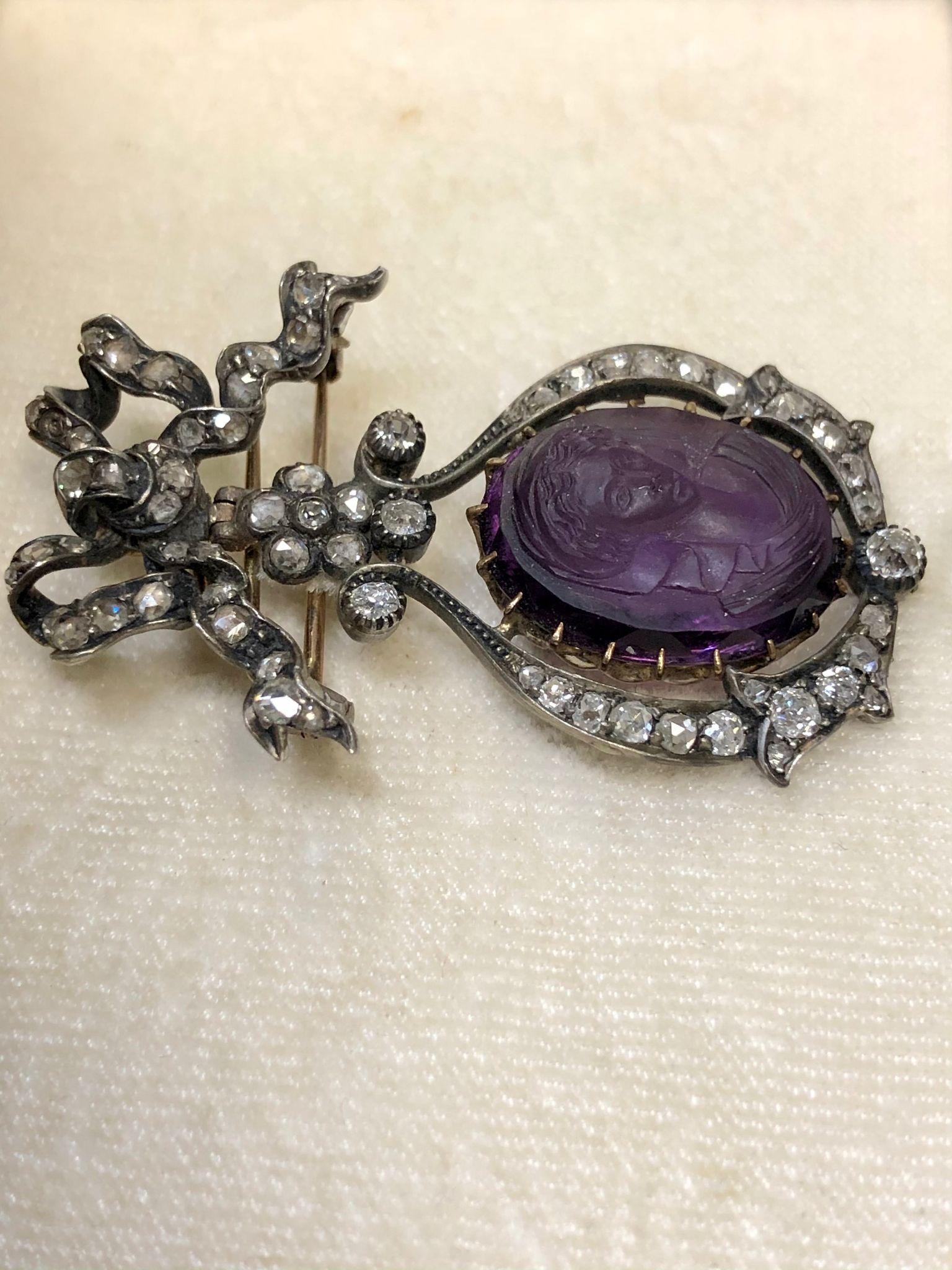 High Relief Georgian Diamond Amethyst Cameo Brooch In Good Condition For Sale In Winter Springs, FL