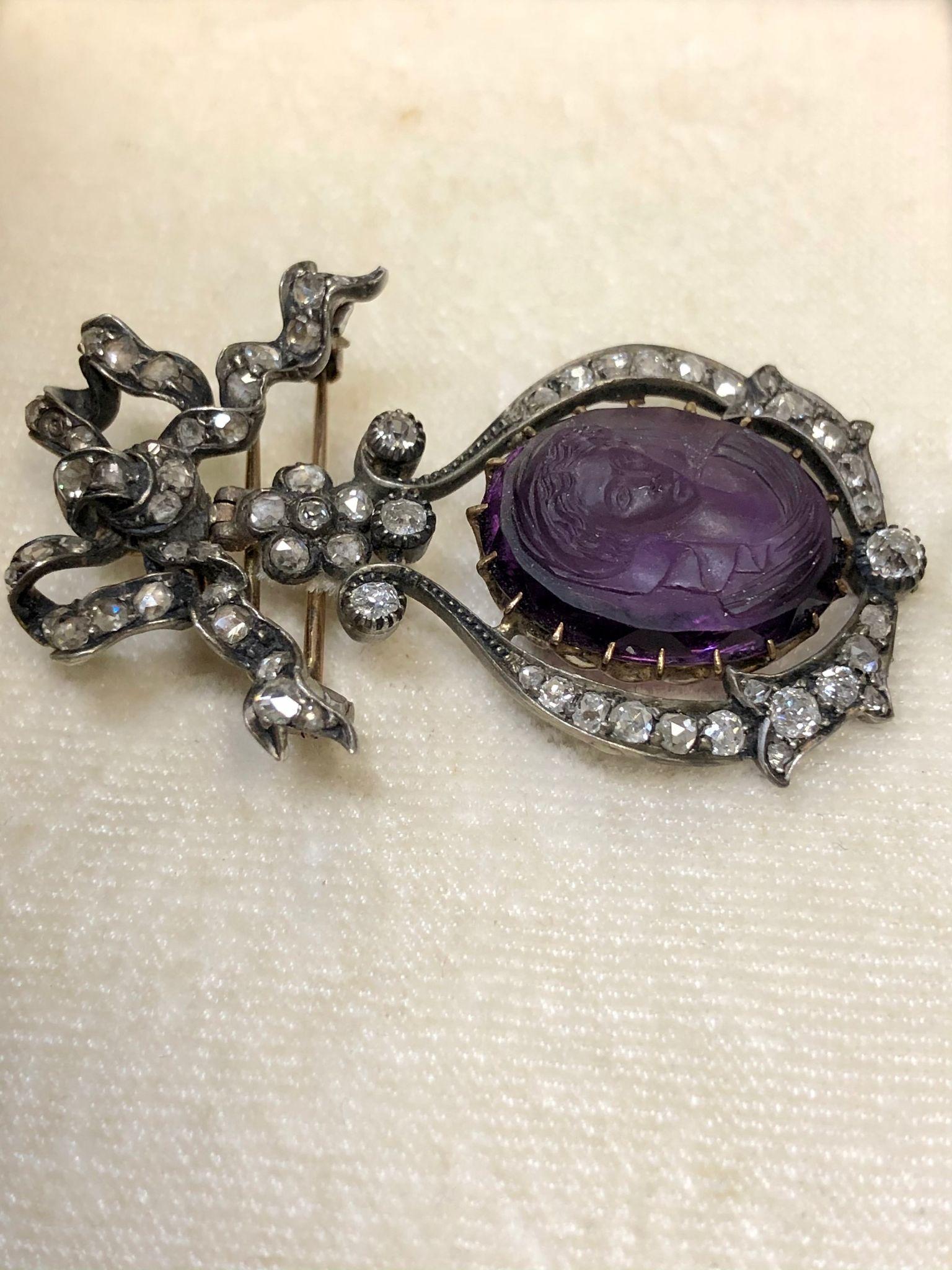 Broche camafeo georgiano de amatista y diamantes en alto relieve en Bueno estado para la venta en Winter Springs, FL