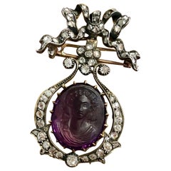 High Relief Georgian Diamond Amethyst Cameo Brooch