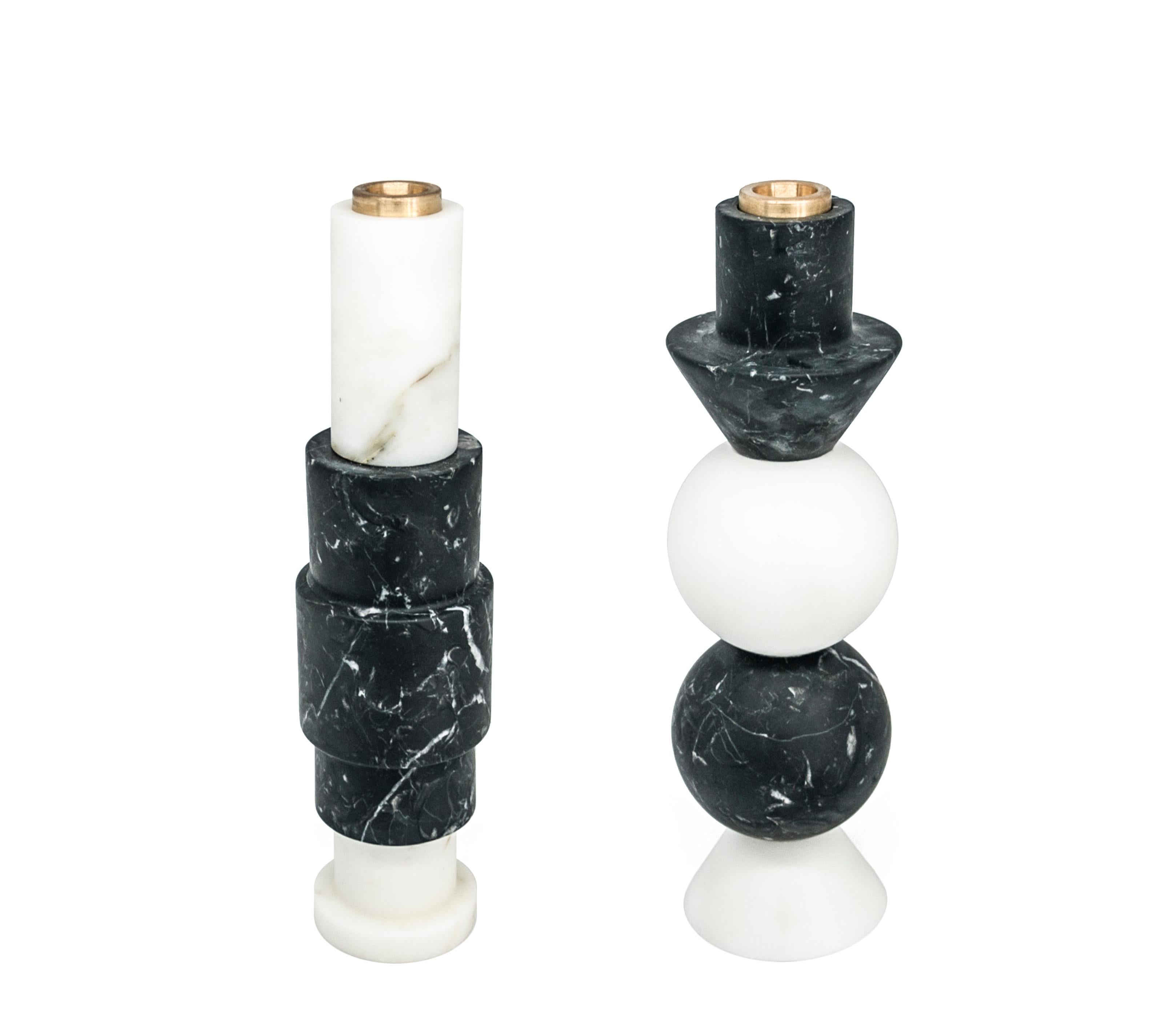 Italian Handmade High Rounded Two-Tone Candleholder in Carrara and Marquina Marble For Sale