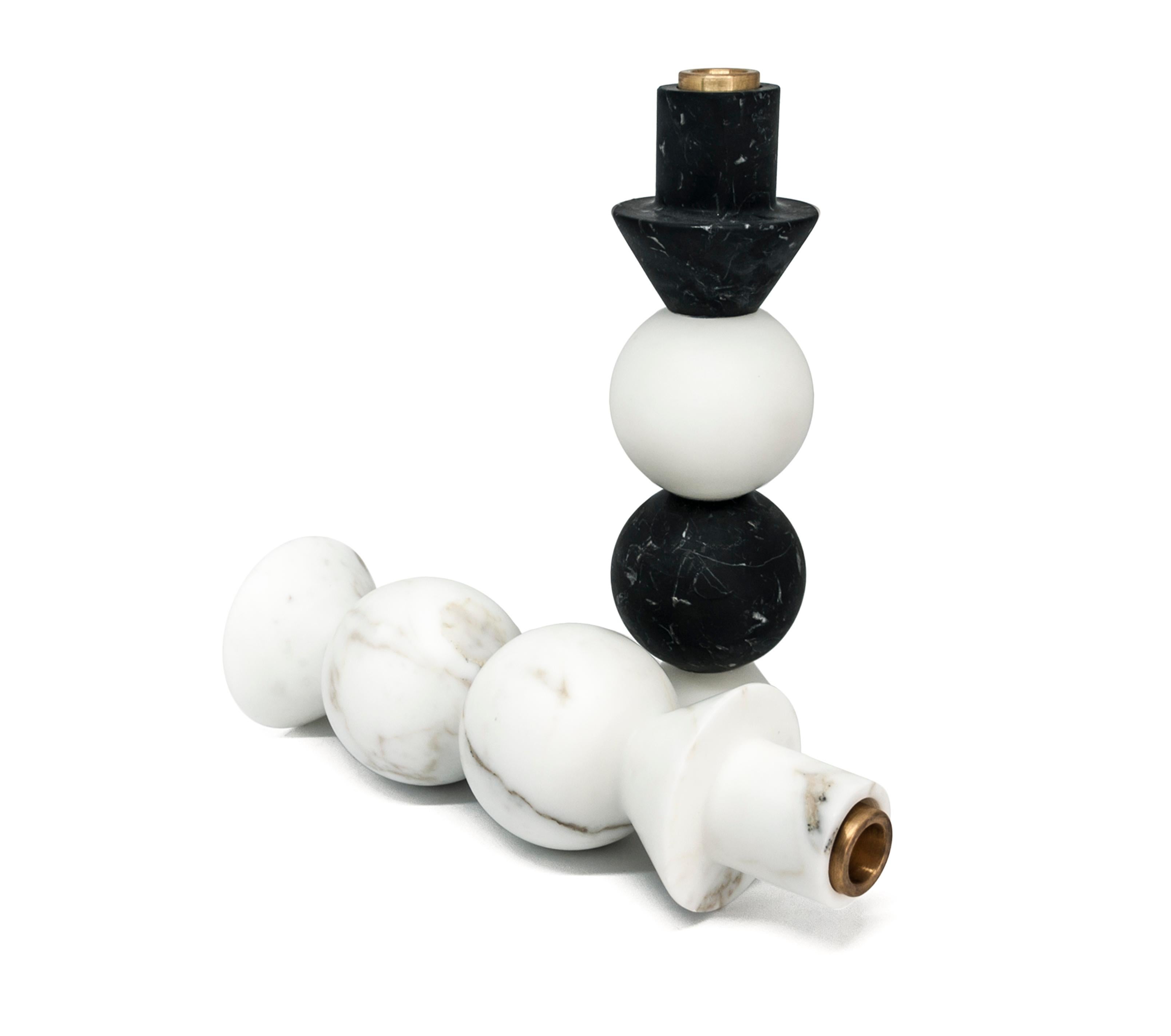 Hand-Crafted Handmade High Rounded Two-Tone Candleholder in Carrara and Marquina Marble For Sale