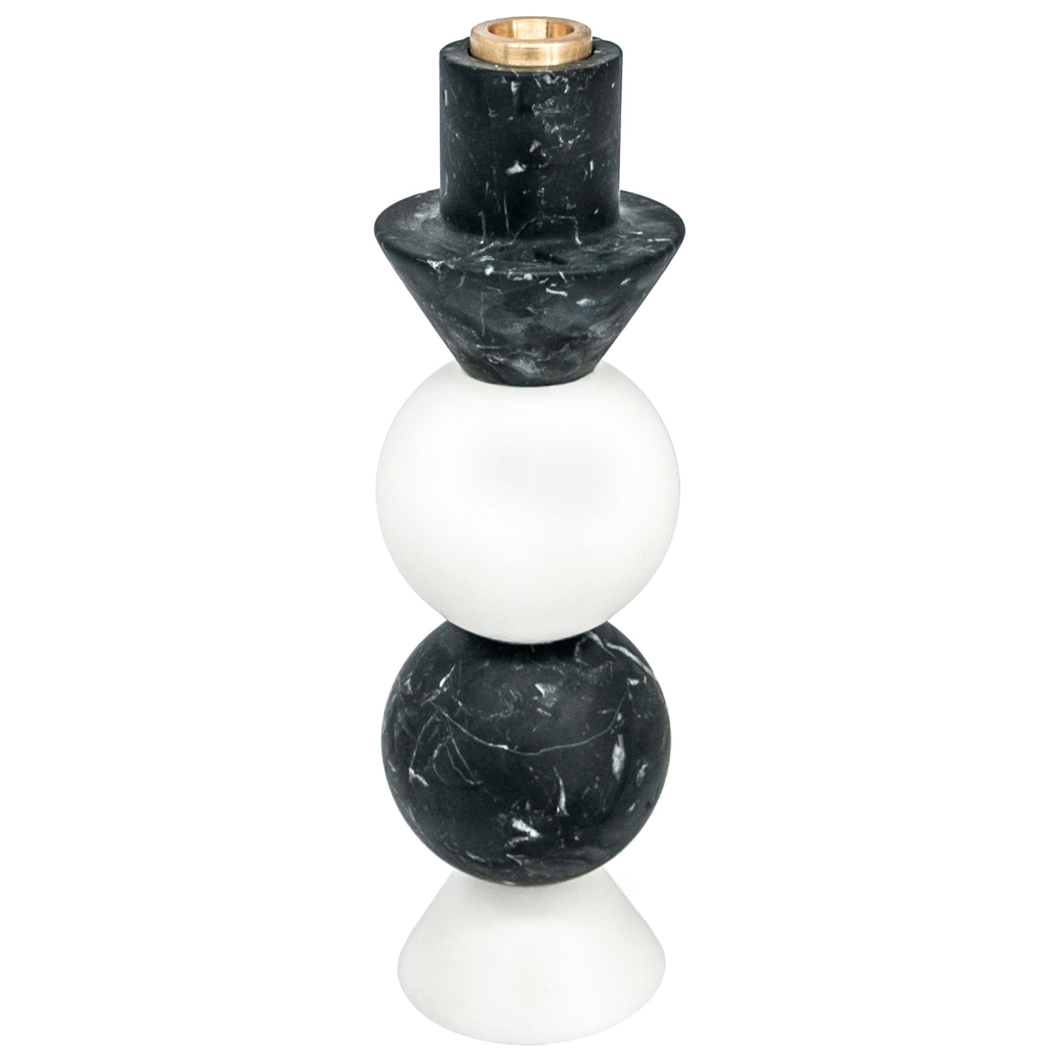 Handmade High Rounded Two-Tone Candleholder in Carrara and Marquina Marble For Sale