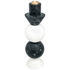 High Round Two-Tone Candleholder in White Carrara and Black Marble