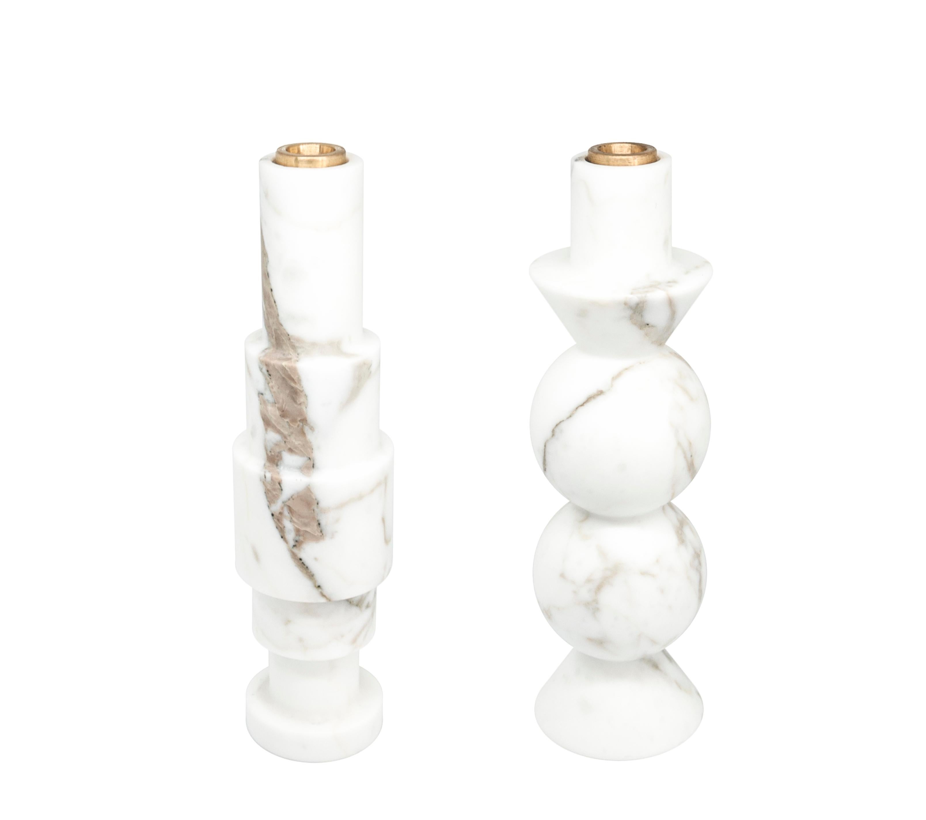 Italian Handmade High Rounded Unicolor Candleholder in White Carrara Marble and Brass For Sale