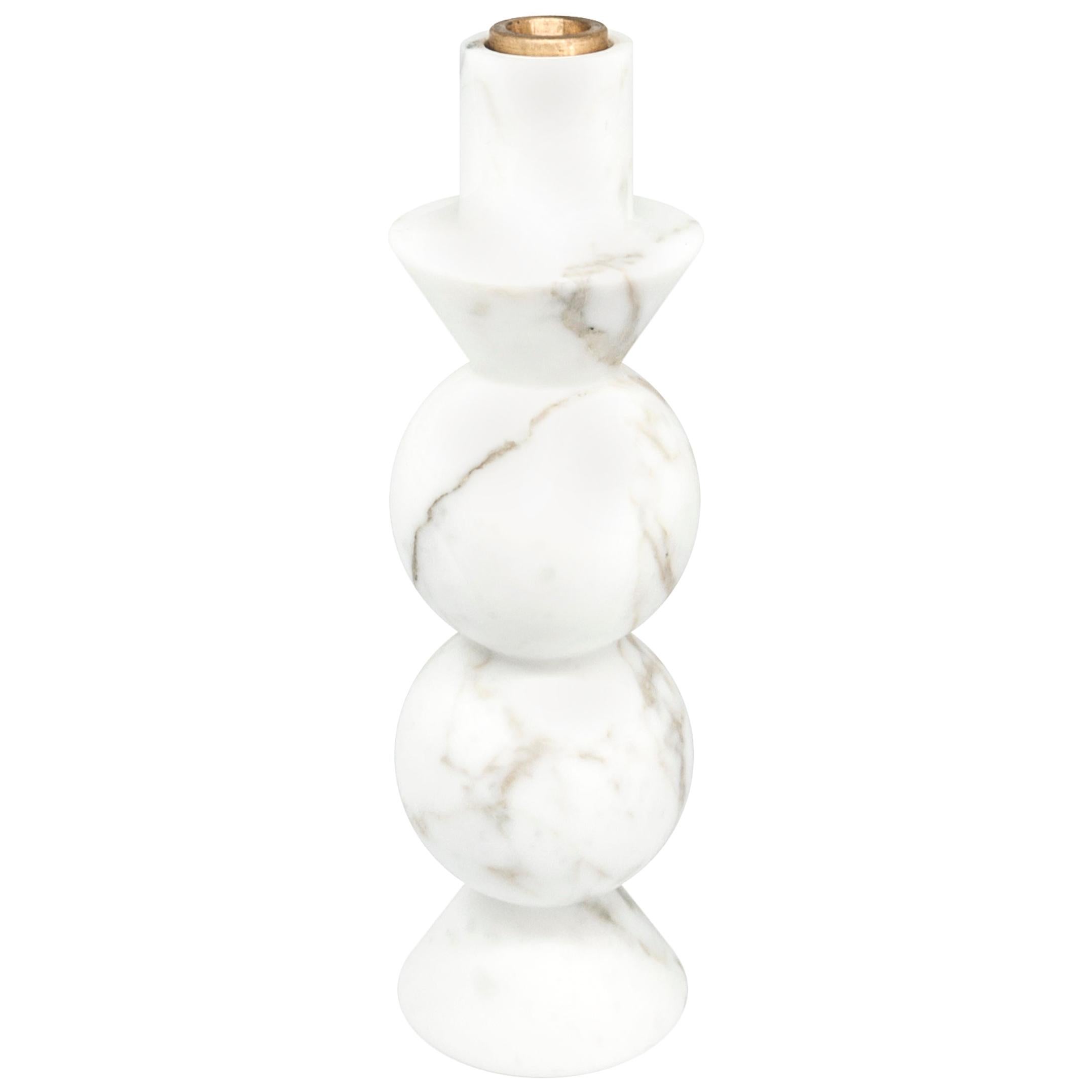 Handmade High Rounded Unicolor Candleholder in White Carrara Marble and Brass For Sale