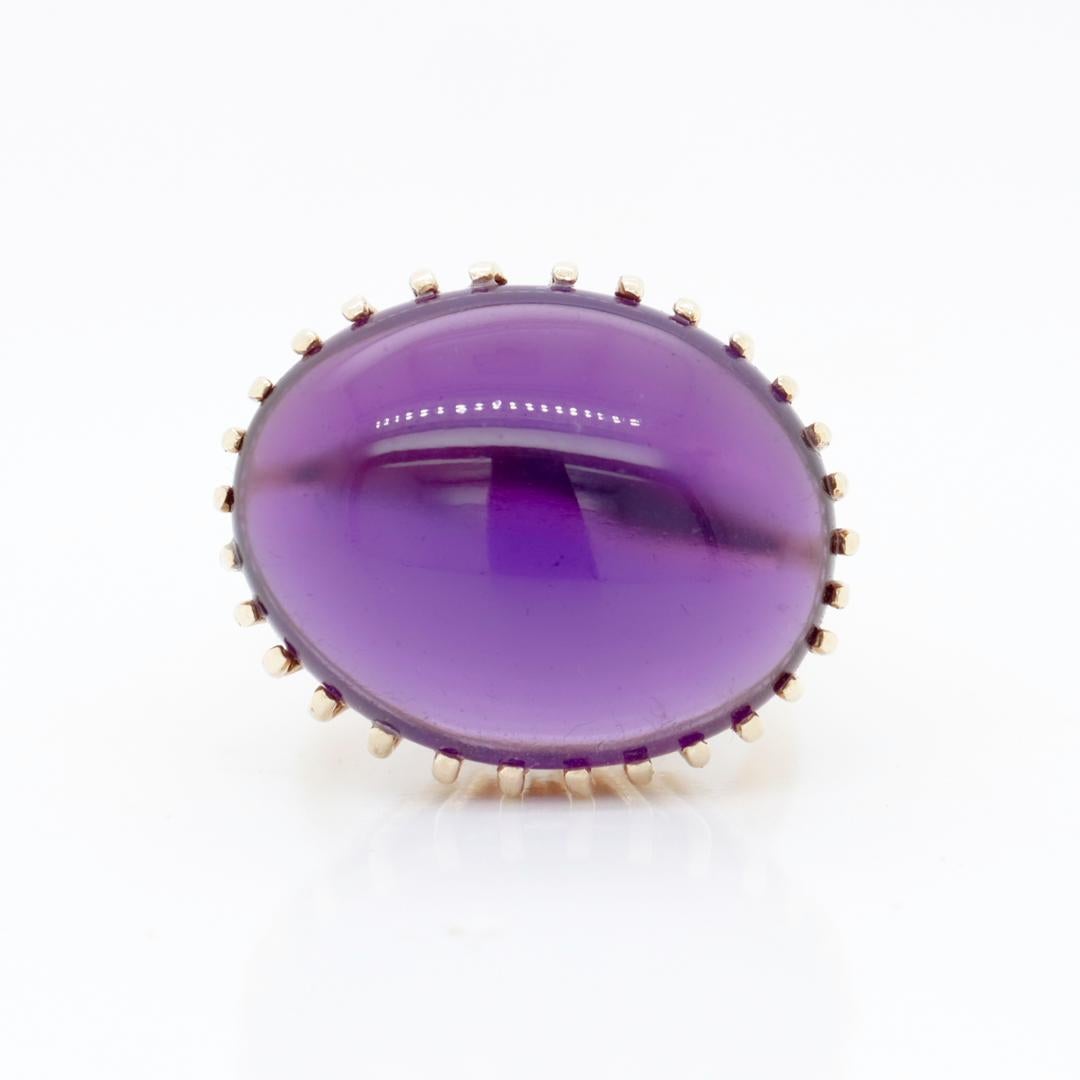 High-Set Signed Mid-Century 14k Gold & Amethyst Cabochon Cocktail Ring by Lesko For Sale 5
