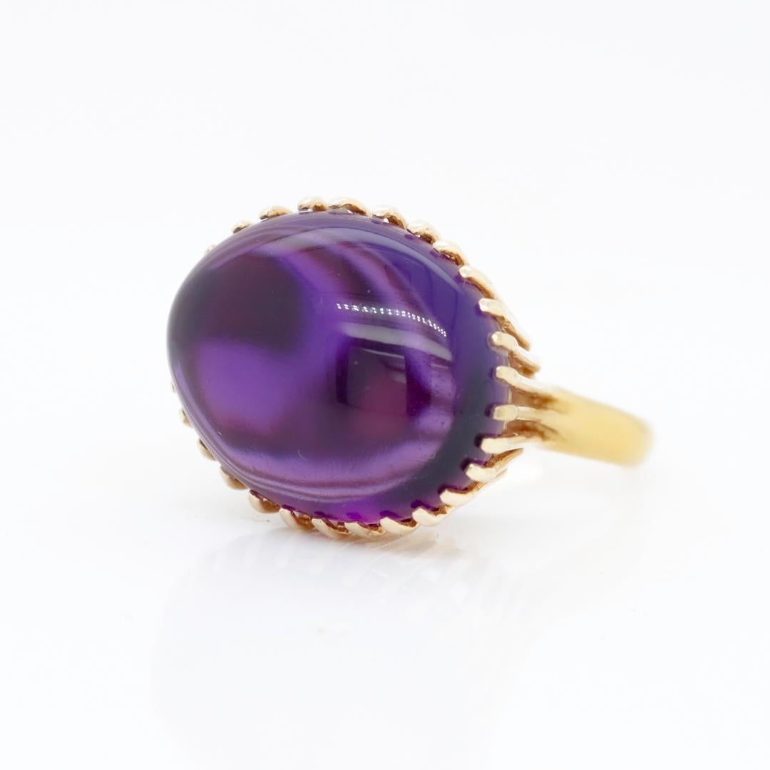 High-Set Signed Mid-Century 14k Gold & Amethyst Cabochon Cocktail Ring by Lesko For Sale 6