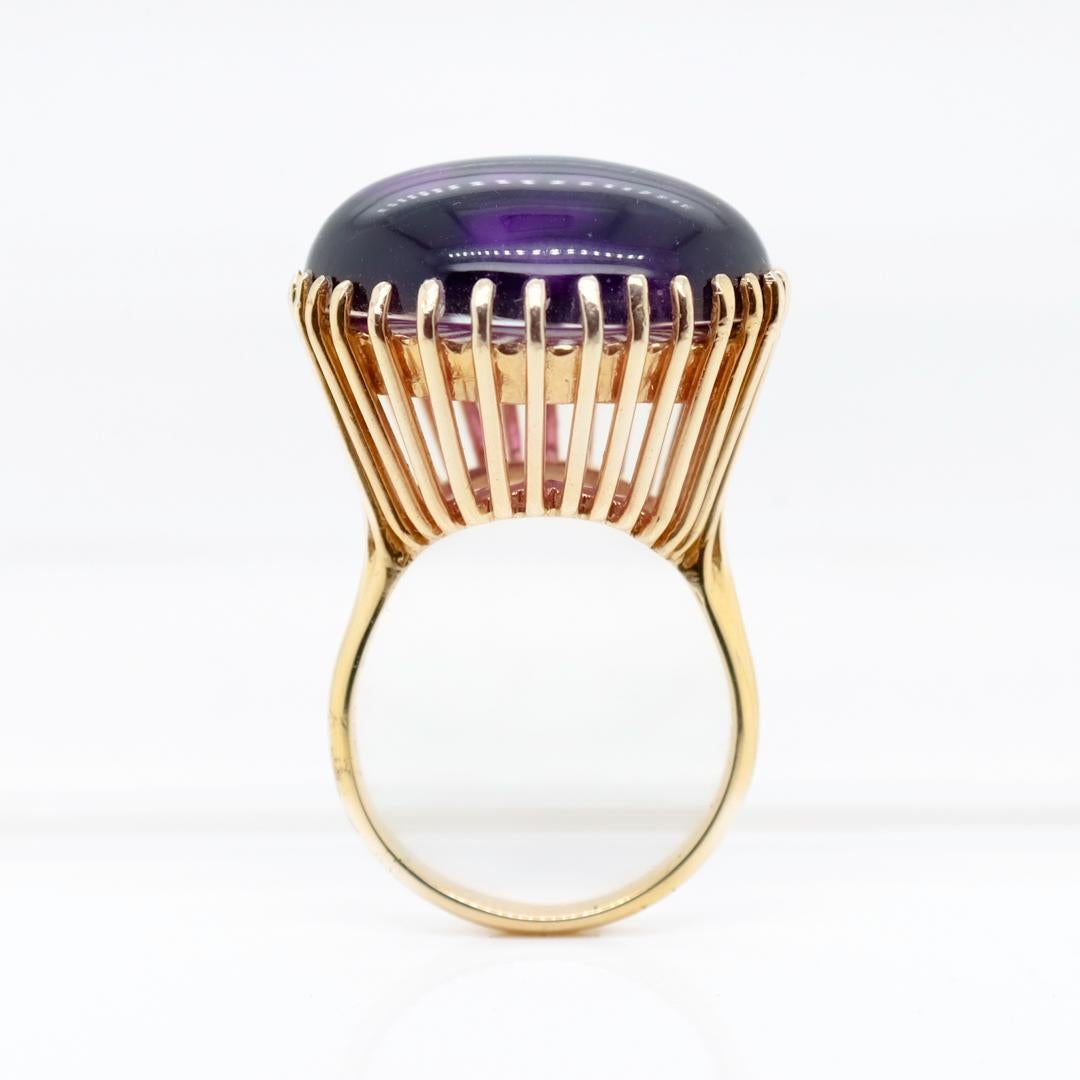 High-Set Signed Mid-Century 14k Gold & Amethyst Cabochon Cocktail Ring by Lesko For Sale 7