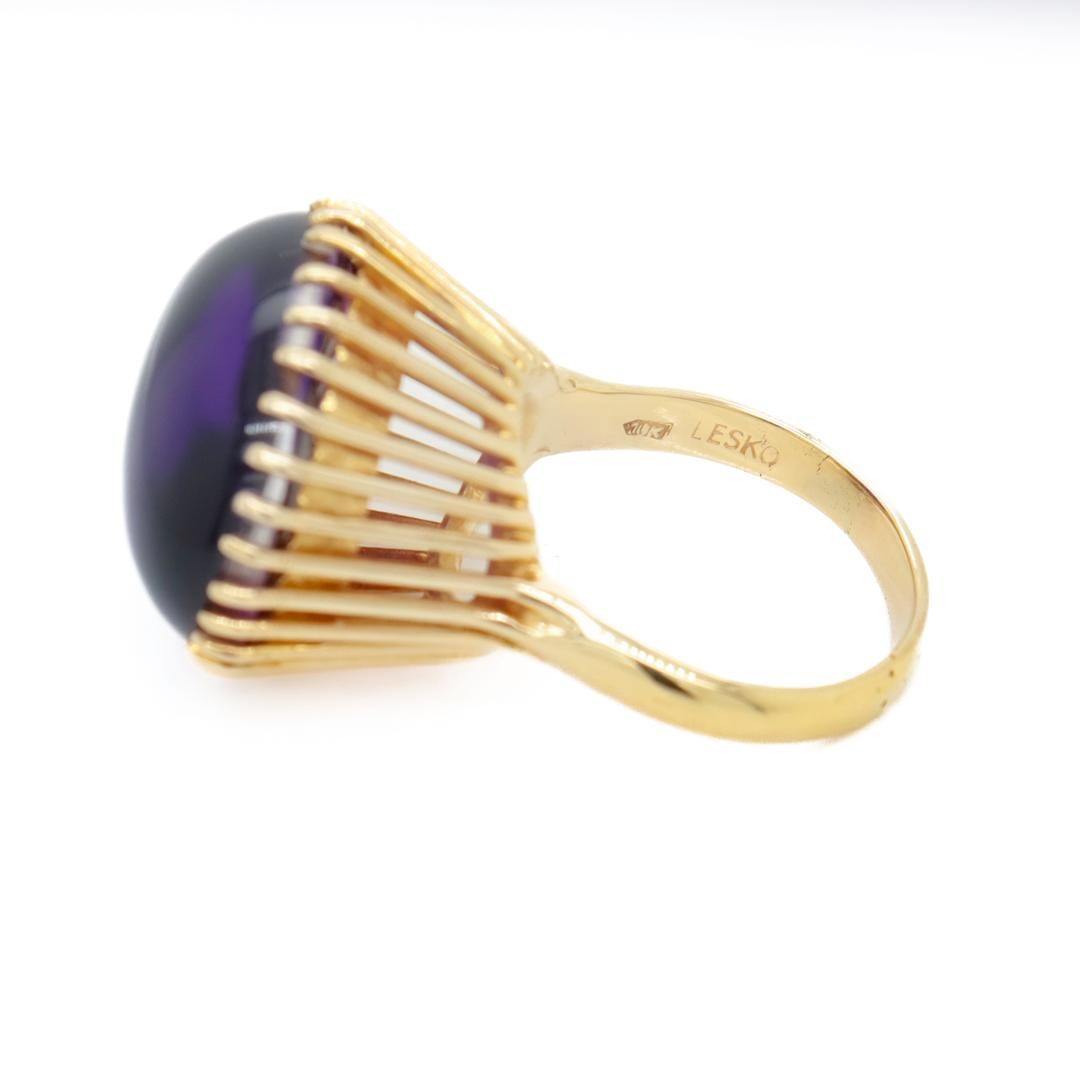 High-Set Signed Mid-Century 14k Gold & Amethyst Cabochon Cocktail Ring by Lesko For Sale 8