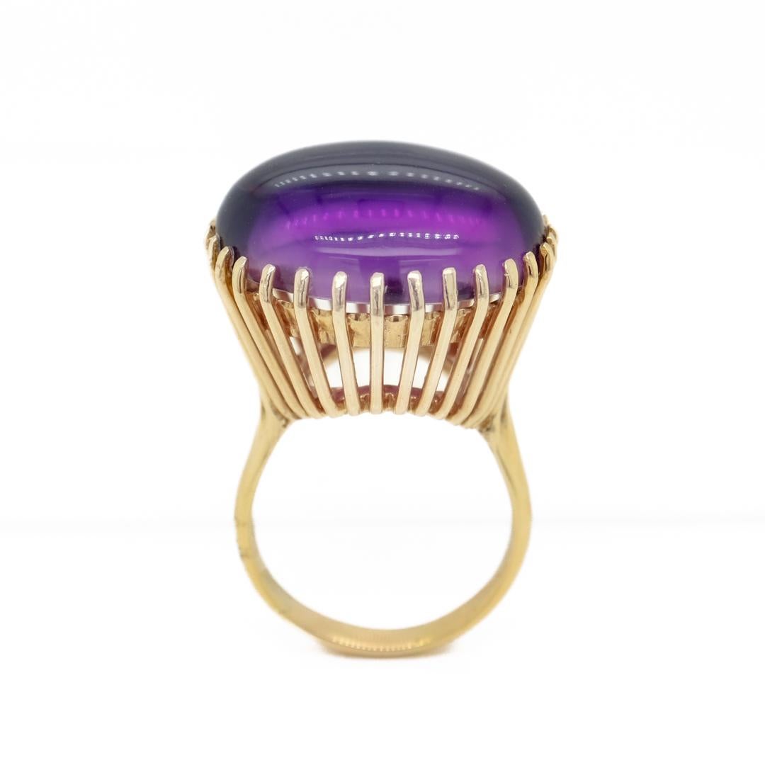 Modern High-Set Signed Mid-Century 14k Gold & Amethyst Cabochon Cocktail Ring by Lesko For Sale