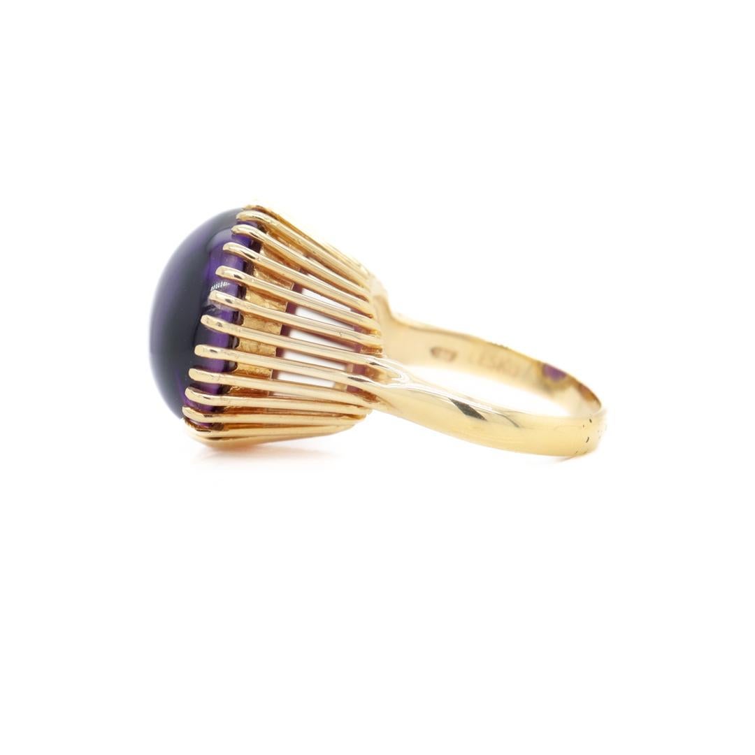 High-Set Signed Mid-Century 14k Gold & Amethyst Cabochon Cocktail Ring by Lesko In Good Condition For Sale In Philadelphia, PA