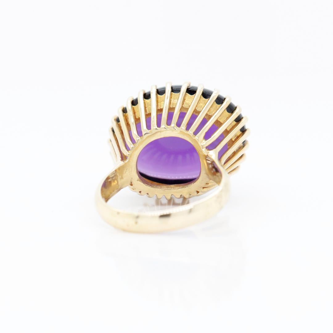 Women's High-Set Signed Mid-Century 14k Gold & Amethyst Cabochon Cocktail Ring by Lesko For Sale