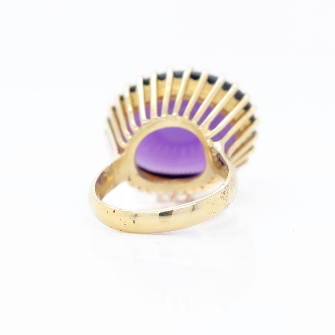 High-Set Signed Mid-Century 14k Gold & Amethyst Cabochon Cocktail Ring by Lesko For Sale 1