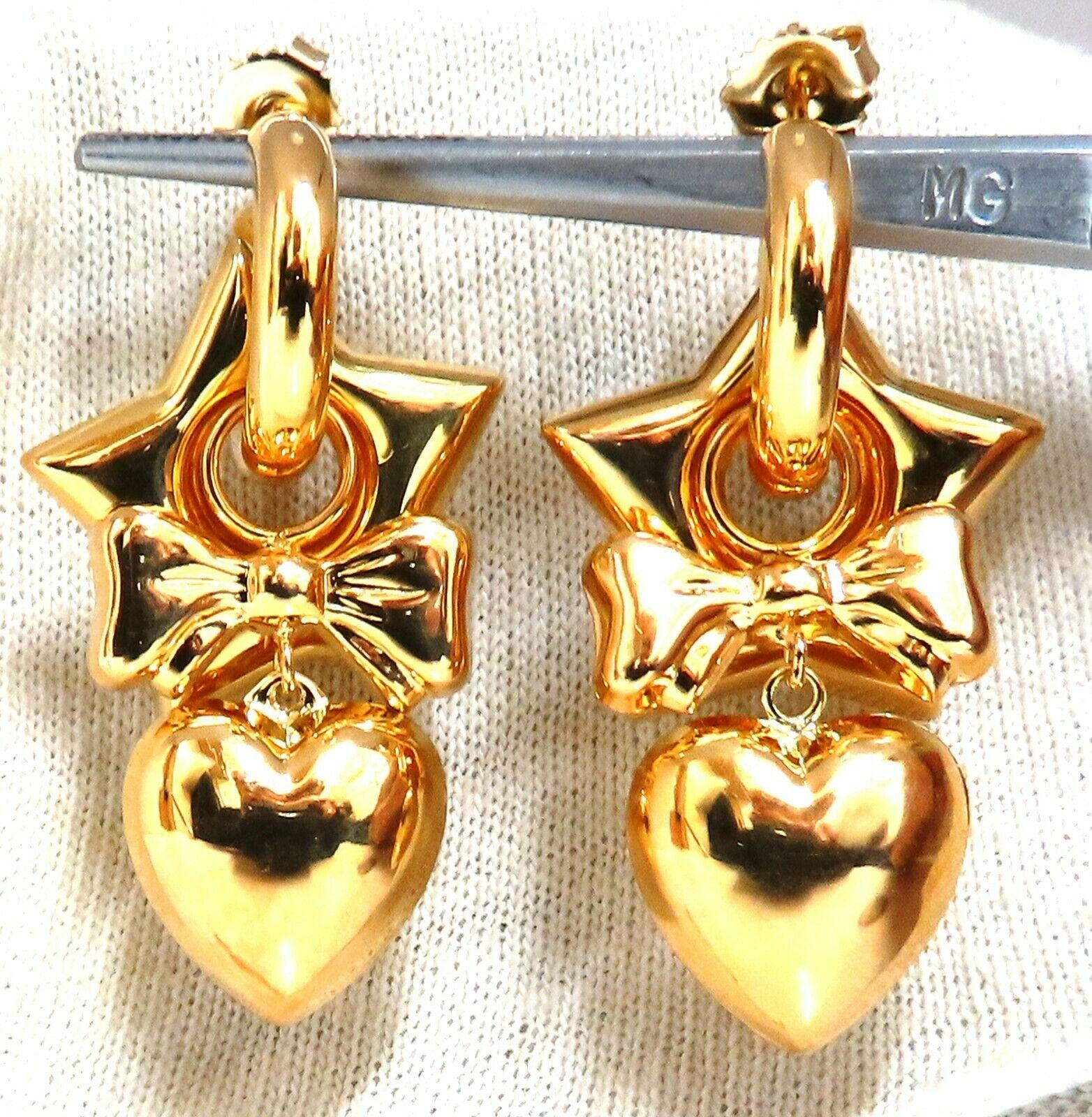 High Shine Domed Heart Star Bow Circles Dangle Earrings 14 Karat Gold In New Condition For Sale In New York, NY