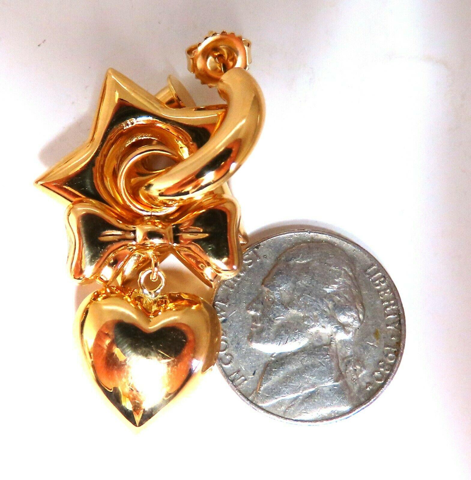 High Shine Domed Heart Star Bow Circles Dangle Earrings 14 Karat Gold For Sale 1