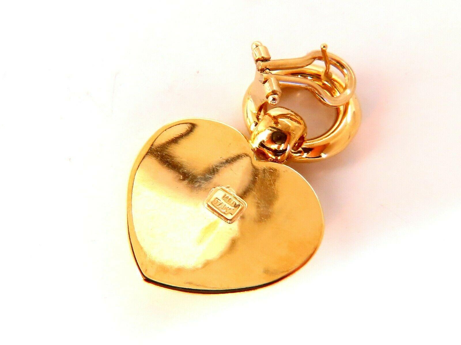 Women's or Men's High Shine Heart Dangle Earrings Retro Omega Clips 14 Karat Gold