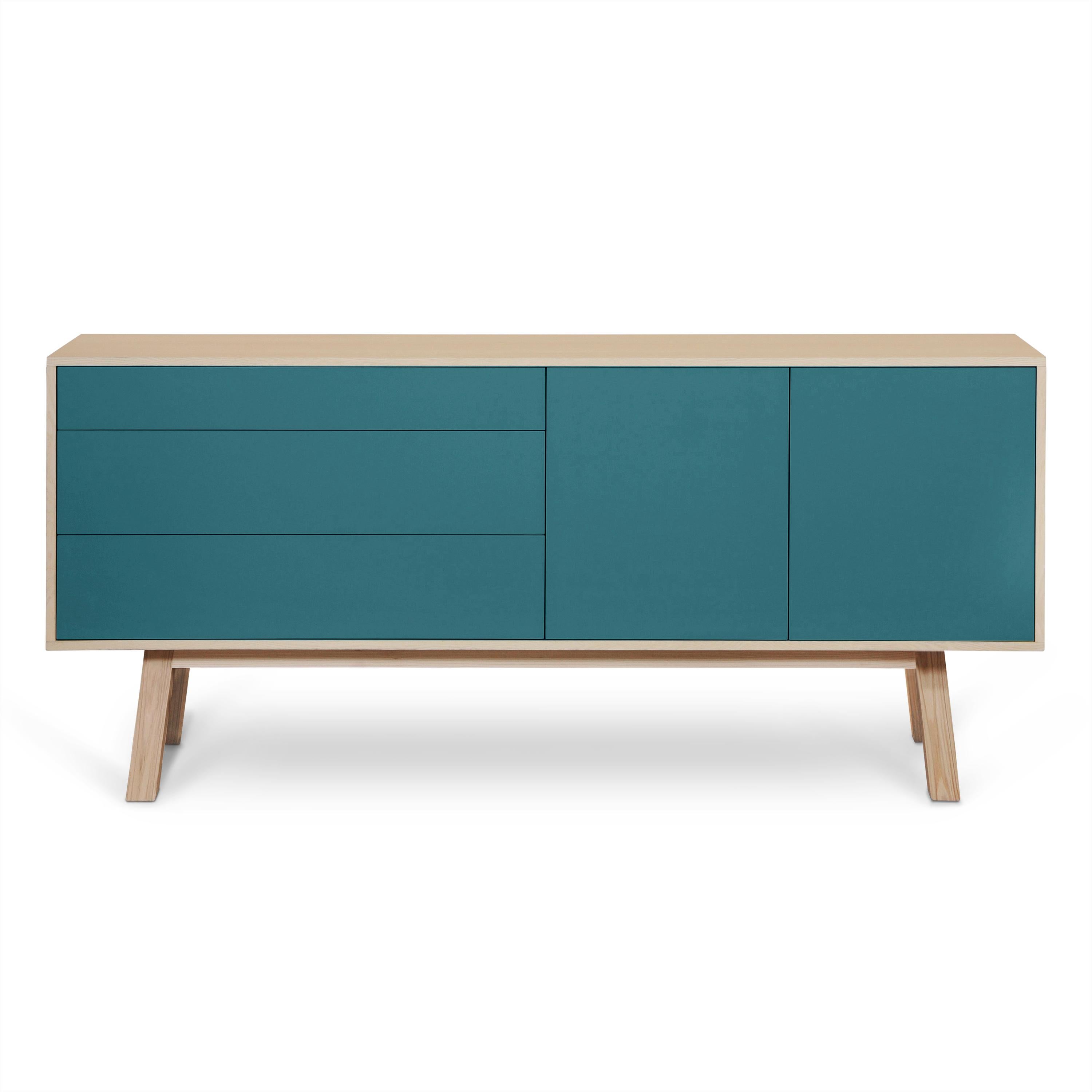 Scandinavian Modern High Sideboard in Ash Wood with 2 Doors and 3 Drawers, Design Eric Gizard, Paris For Sale
