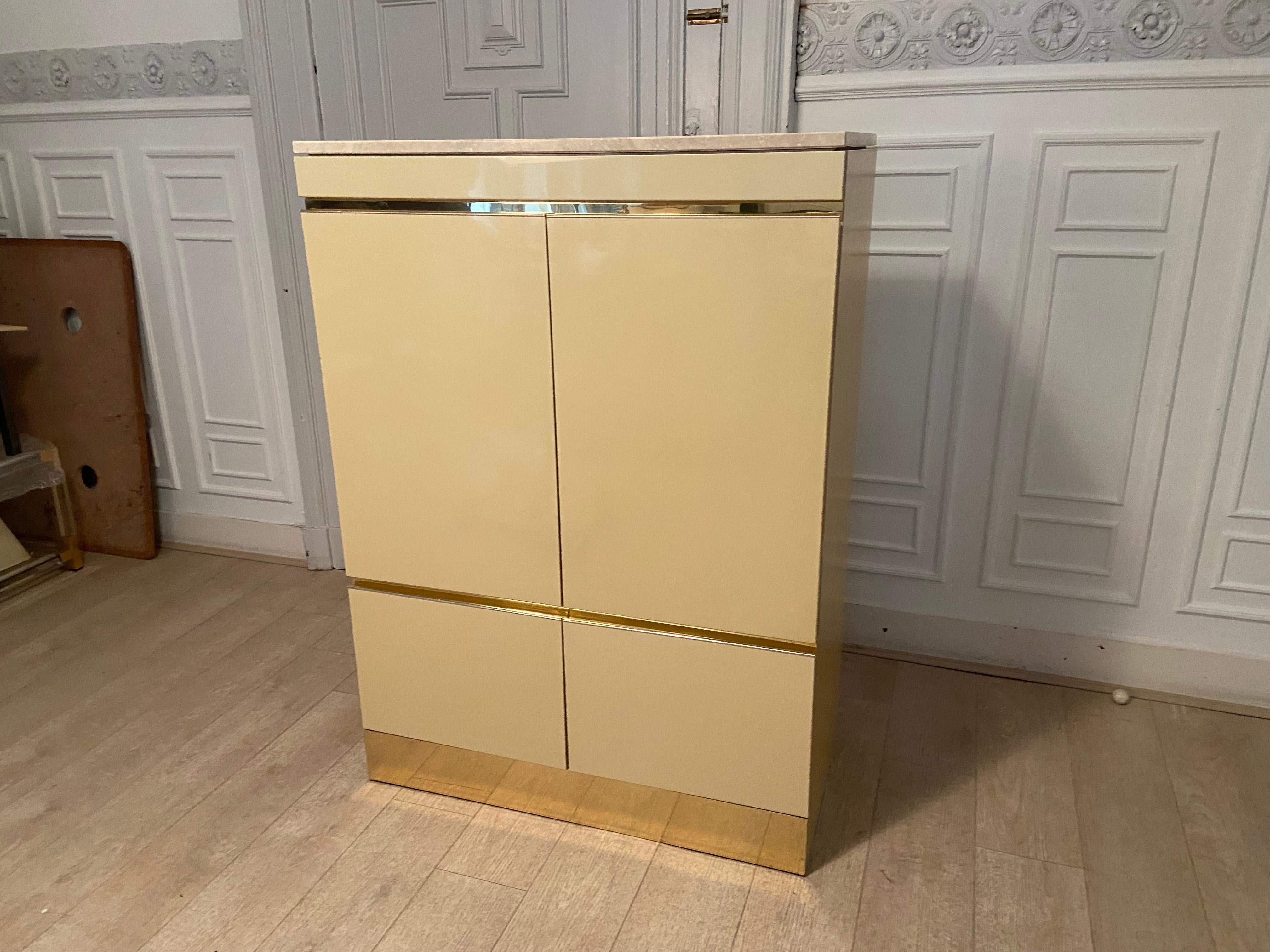 20th Century High Sideboard, Ivory Lacquer, Gold and Travertine, 1970