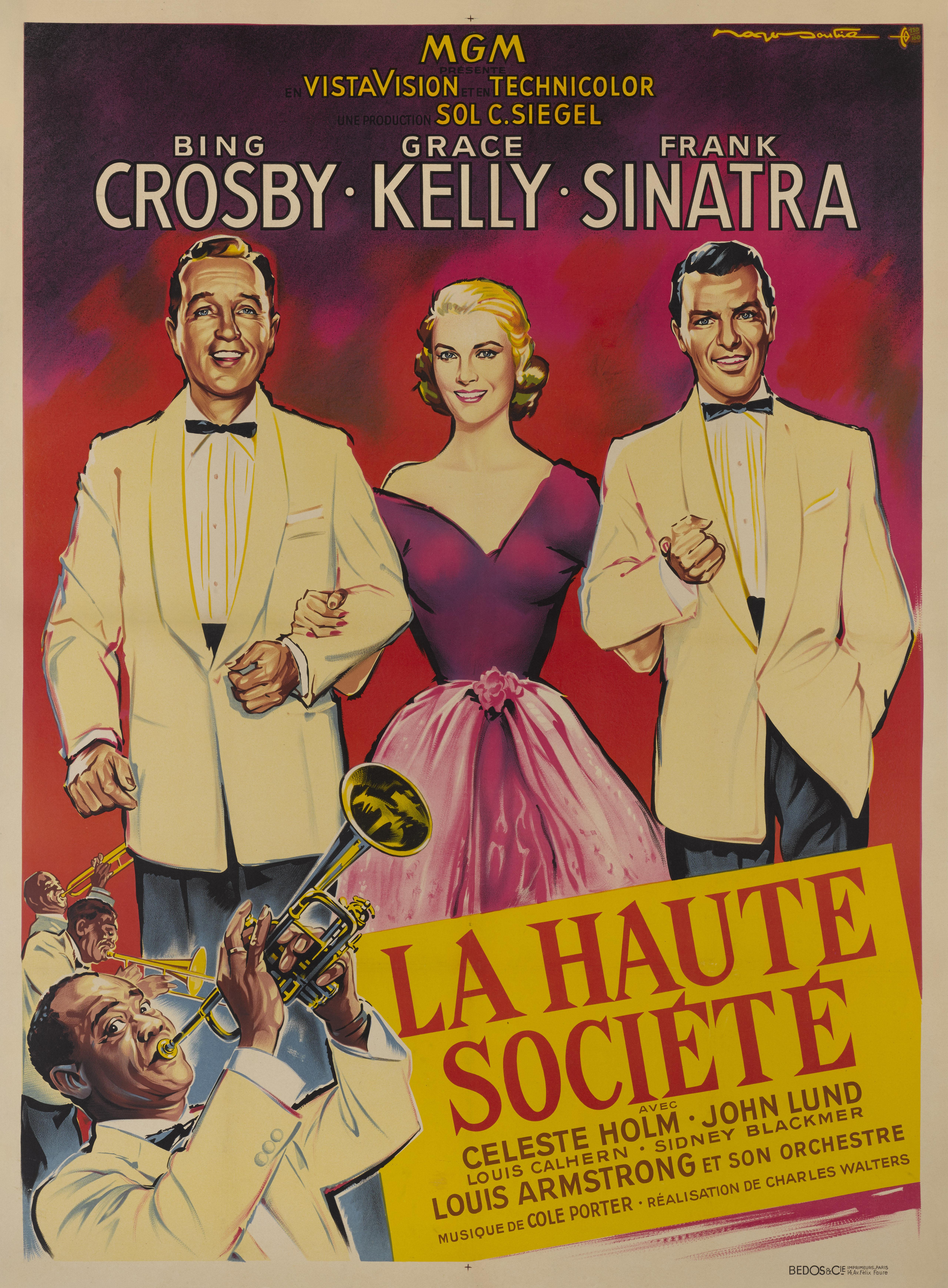 Original French film poster for the 1956 musical staring Big Crosby, Grace Kelly,
Frank Sinatra and Louis Armstrong. This wonderful musical was a remake of the 1941 film The Philadelphia Story, starring Frank Sinatra, Bing Crosby, Grace Kelly and