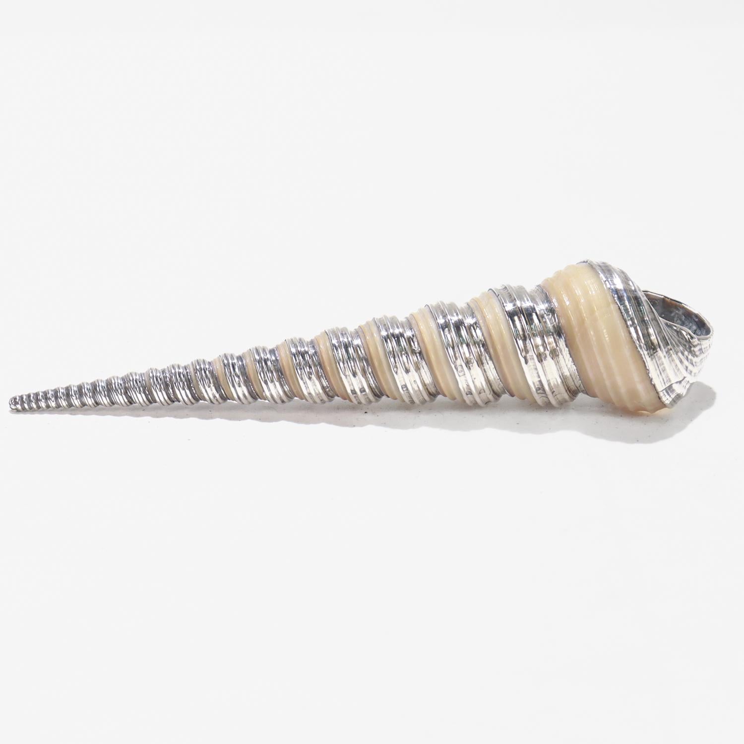 Un beau coquillage argenté vintage.

Il s'agit d'un coquillage à haute flèche, recouvert d'une couche d'argent.

Dans le style de Ruzzetti & Gow ou Buccellati.

La pointe de la coquille est entièrement gainée d'argent, l'argent monte en spirale le